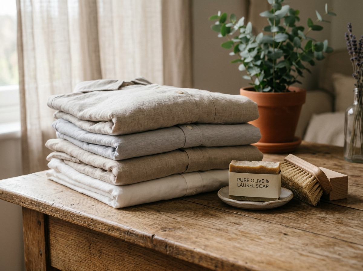 Prendas de ropa de lino y algodón limpias dobladas con jabón natural y cepillo de cerdas suaves